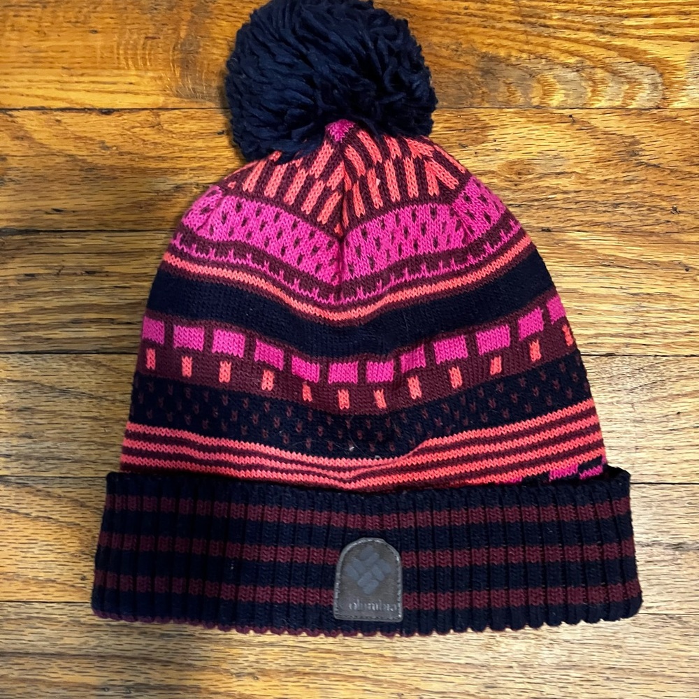 Columbia Women’s Pink and Navy Winter Pom-Top Beanie Hat